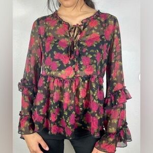 American Eagle Outfitters Black red floral sheer ruffle bell sleeves top size M